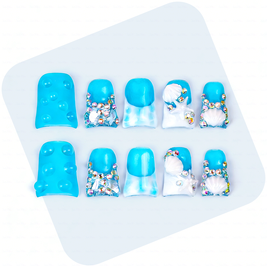 Tide Sparkle – Ocean Blue Short Duck Press-Ons with Starfish & Seashell Charms
