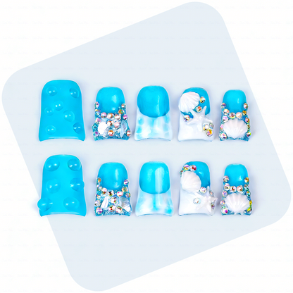 Tide Sparkle – Ocean Blue Short Duck Press-Ons with Starfish & Seashell Charms