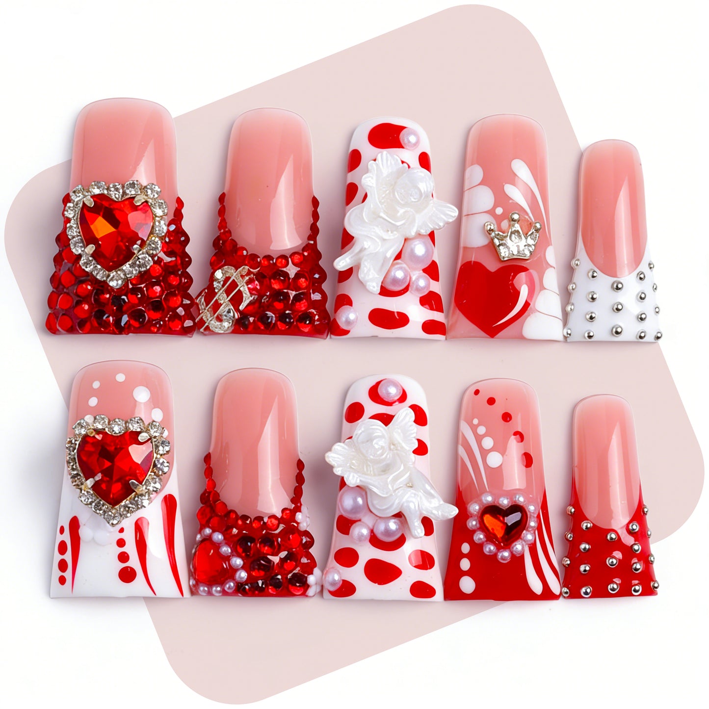 Cherub Heart-Red & Nude Short Duck Press-Ons with Heart Gem & 3D Angel Charms