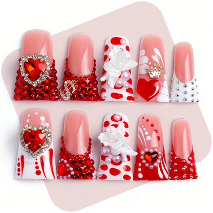 Cherub Heart-Red & Nude Short Duck Press-Ons with Heart Gem & 3D Angel Charms