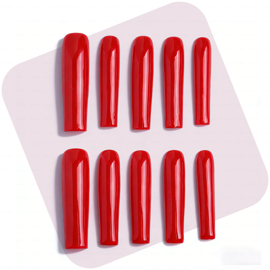 Ruby Red-Bright Red Long Square Press-Ons with High Gloss Solid Finish