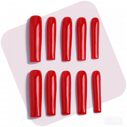 Ruby Red-Bright Red Long Square Press-Ons with High Gloss Solid Finish