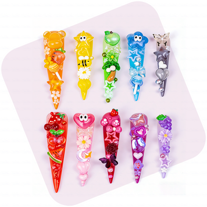 Candy Rainbow-Multi-Color Extra Long Stiletto Press-Ons with 3D Cartoon Fruit & Star Charms