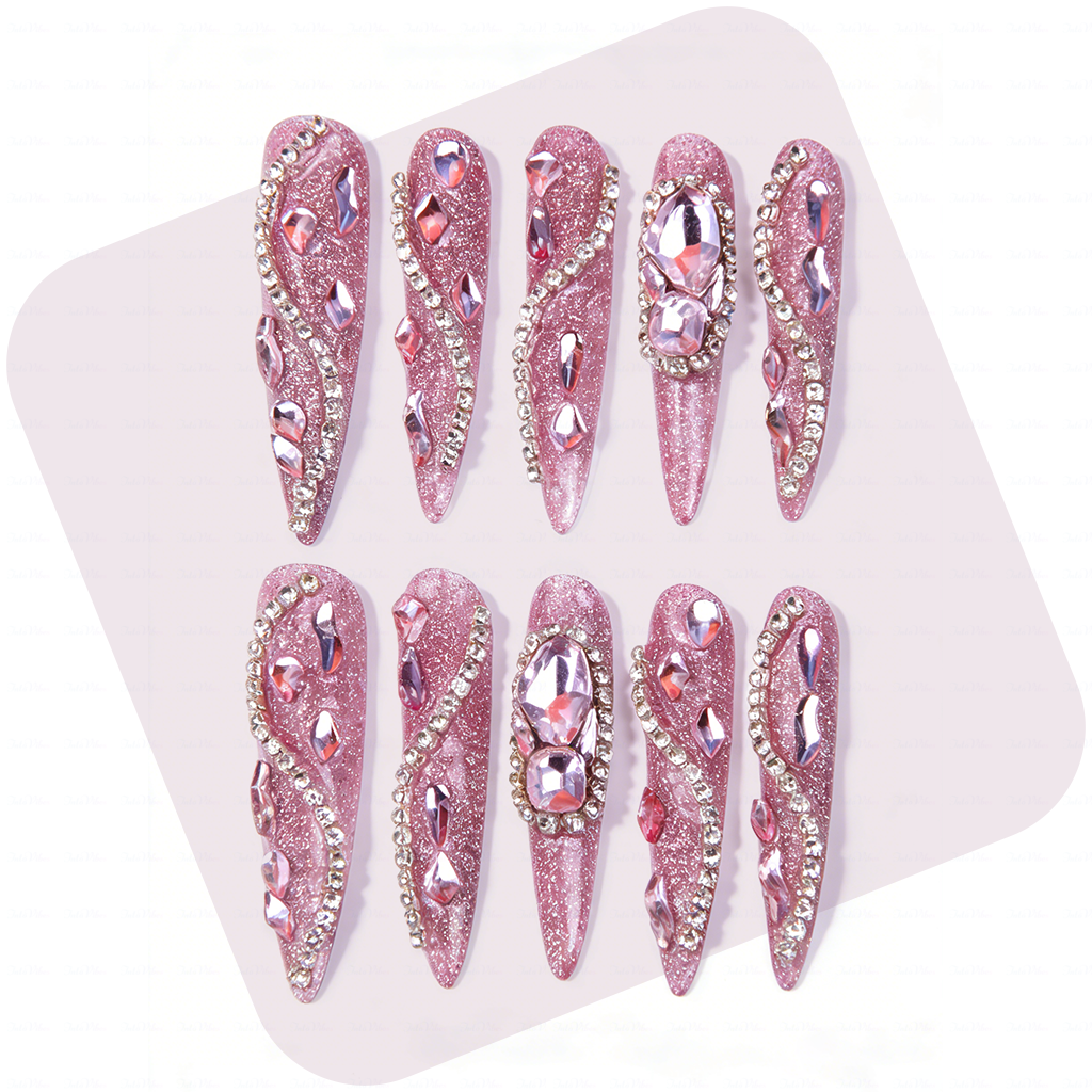 Pink Glitz Twist – Glitter Pink Stiletto Press-Ons with Rhinestone Swirls