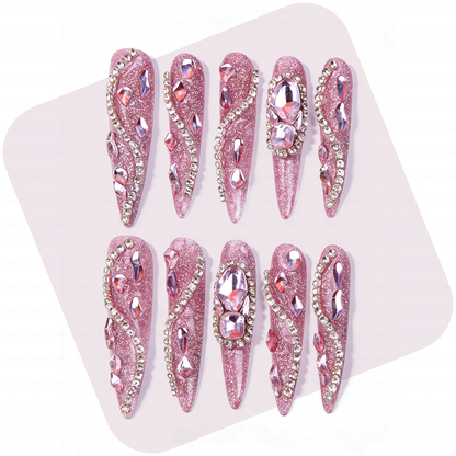 Pink Glitz Twist – Glitter Pink Stiletto Press-Ons with Rhinestone Swirls