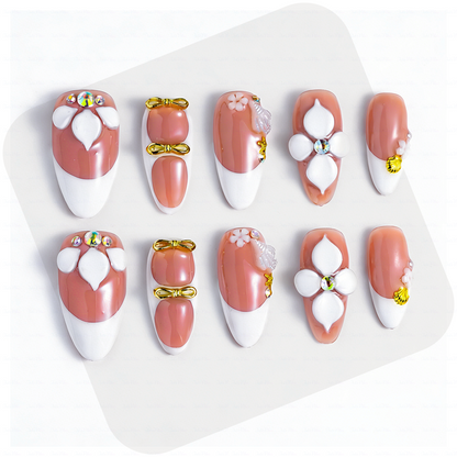 Peach Whisper – Soft Peach Short Almond Press-Ons with 3D Flower, Gold Bow & French Tip Detail