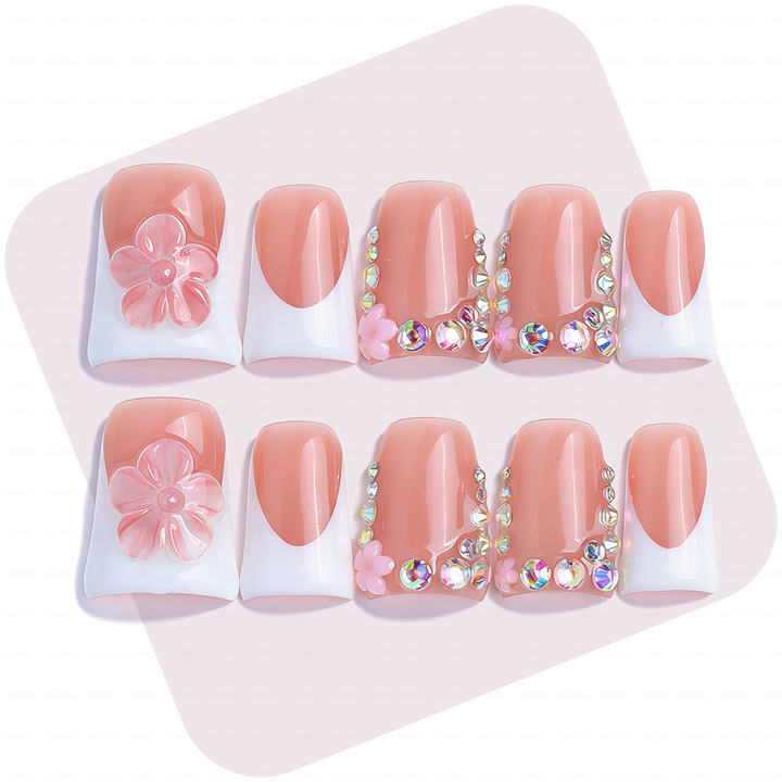 Sweet Blossom – Light Pink & White Square Press-Ons with 3D Flower & Rhinestone Accents