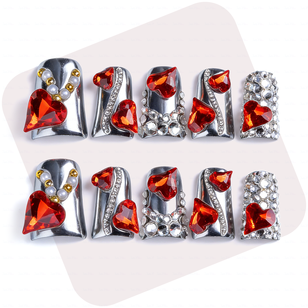 Ruby Chrome – Metallic Silver Short Duck Press-Ons with Red Crystal & Heart Charms