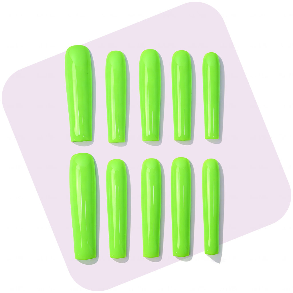 Neon Lime Green  Bright Green Long Square Press-Ons with High Gloss Solid Finish