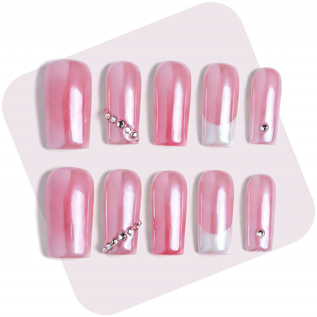 Aurora Blush – Pink & White Medium Square Press-Ons with Crystal Accents