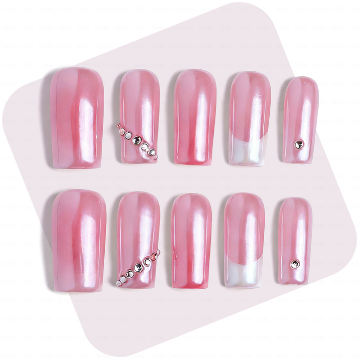 Aurora Blush – Pink & White Medium Square Press-Ons with Crystal Accents