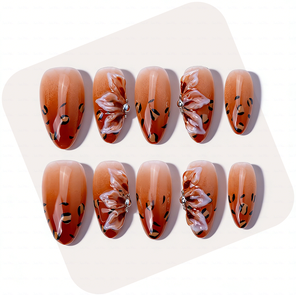 Caramel Bow – Amber Brown Short Almond Press-Ons with Leopard Print & 3D Bow Accents