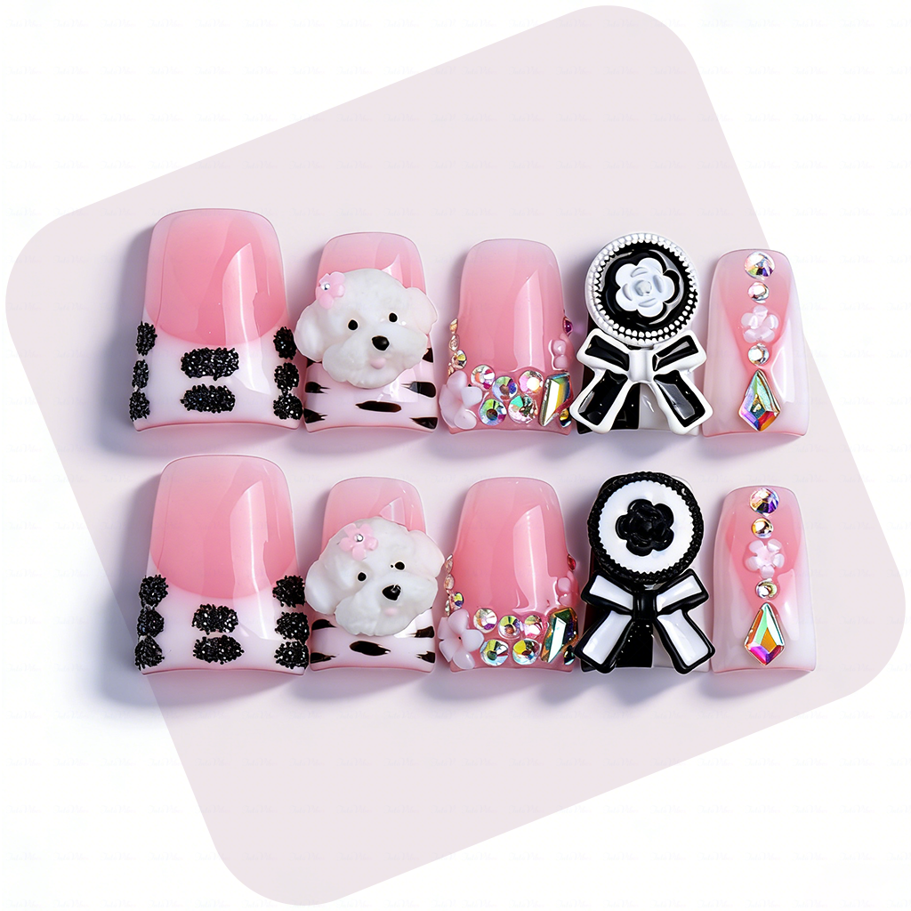 Puppy Princess-Soft Pink Short Duck Press-Ons with 3D Poodle & Camellia Bow Charms