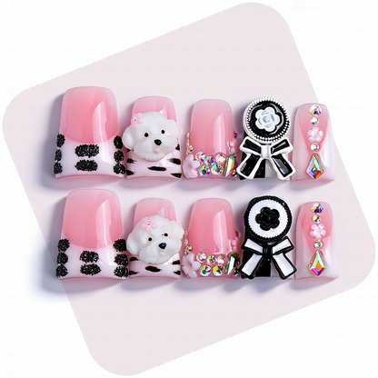Puppy Princess-Soft Pink Short Duck Press-Ons with 3D Poodle & Camellia Bow Charms