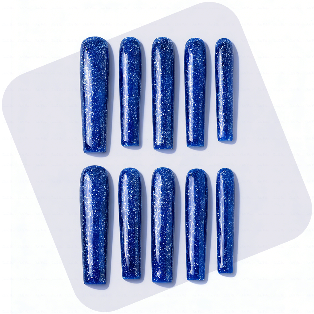 Midnight Galaxy – Deep Blue & Silver Glitter Long Square Press-Ons