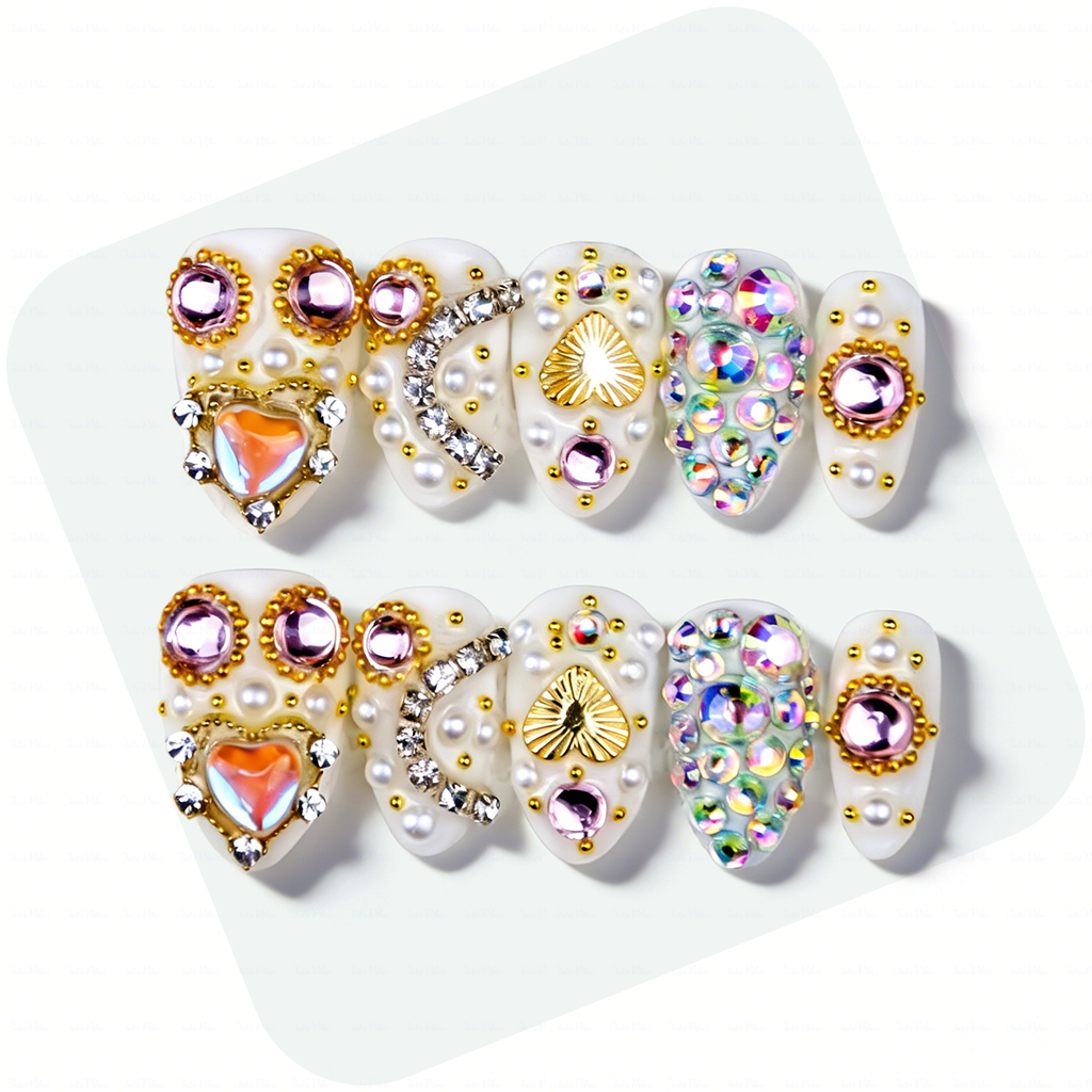 Pearl Glitz – Milky White Short Almond Press-Ons with Heart Gem & Full Rhinestone Accents