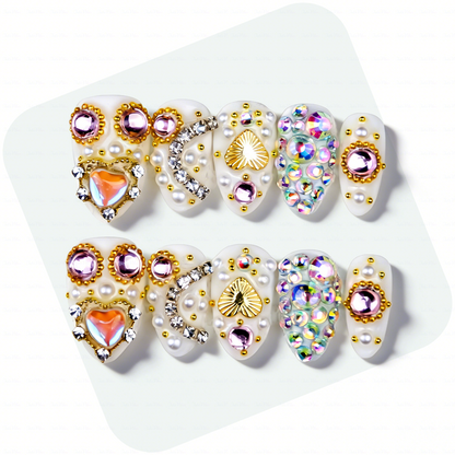 Pearl Glitz – Milky White Short Almond Press-Ons with Heart Gem & Full Rhinestone Accents