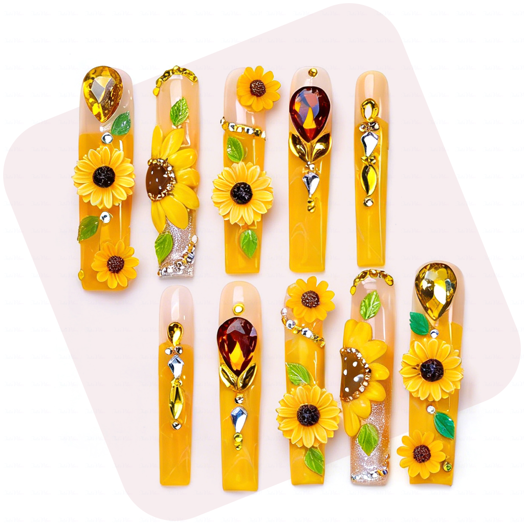 Sunflower Glow-Bright Yellow Long Square Press-Ons with 3D Sunflower & Gem Accents
