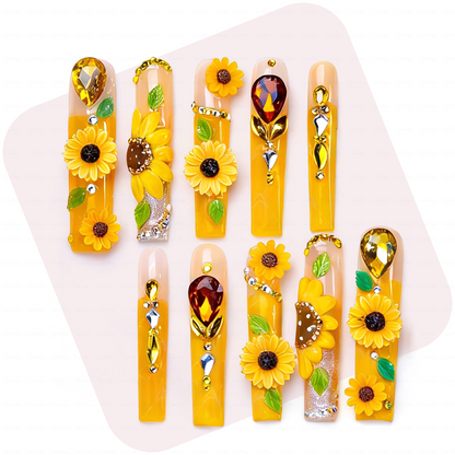 Sunflower Glow-Bright Yellow Long Square Press-Ons with 3D Sunflower & Gem Accents