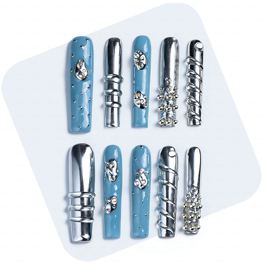 Chrome Frost – Slate Blue & Silver Long Square Press-Ons with Crystal Accents