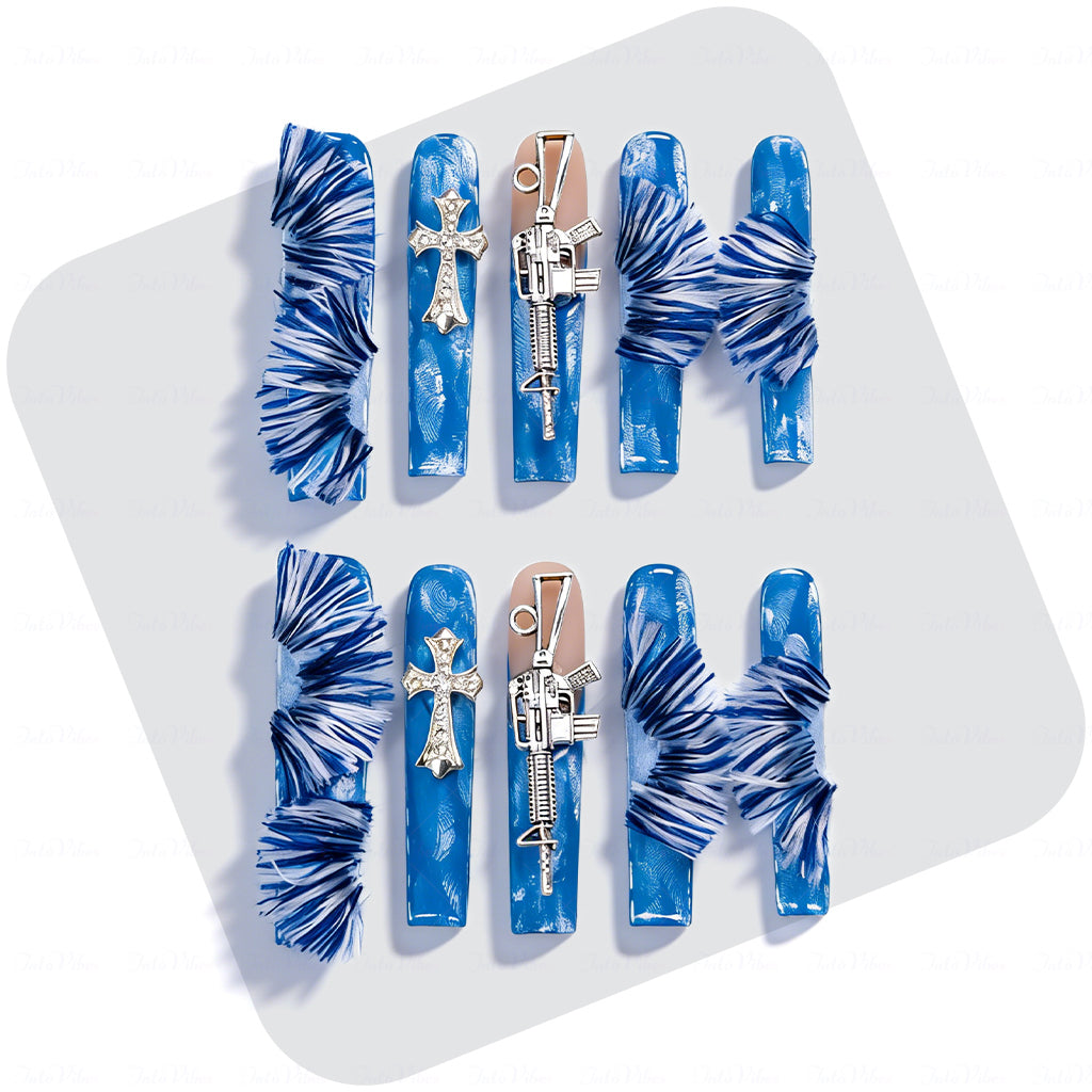 Cyber Denim – Blue Long Square Press-Ons with Cross & Gun Charms
