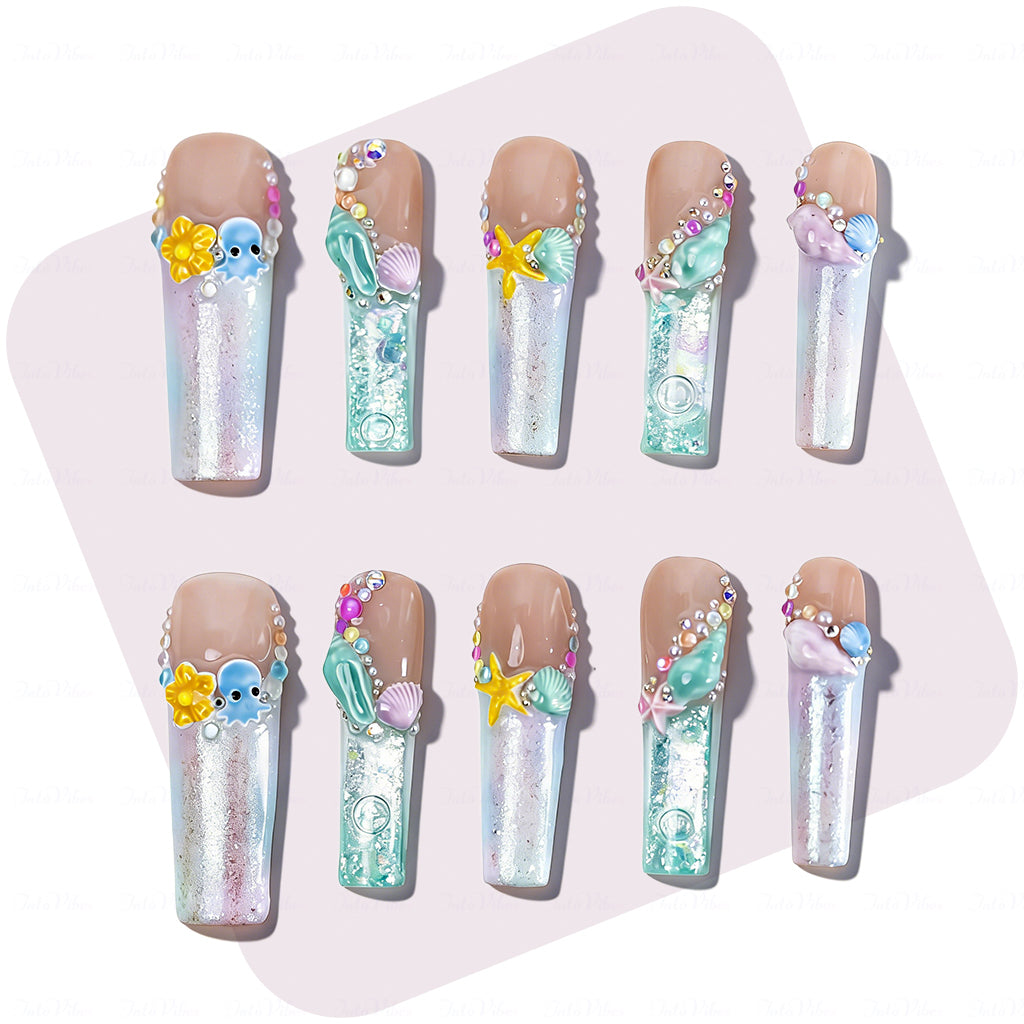 Mermaid Ocean Nude & Blue Long Square Water Press-Ons with 3D Octopus & Seashell Charms