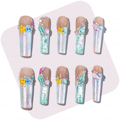 Mermaid Ocean Nude & Blue Long Square Water Press-Ons with 3D Octopus & Seashell Charms