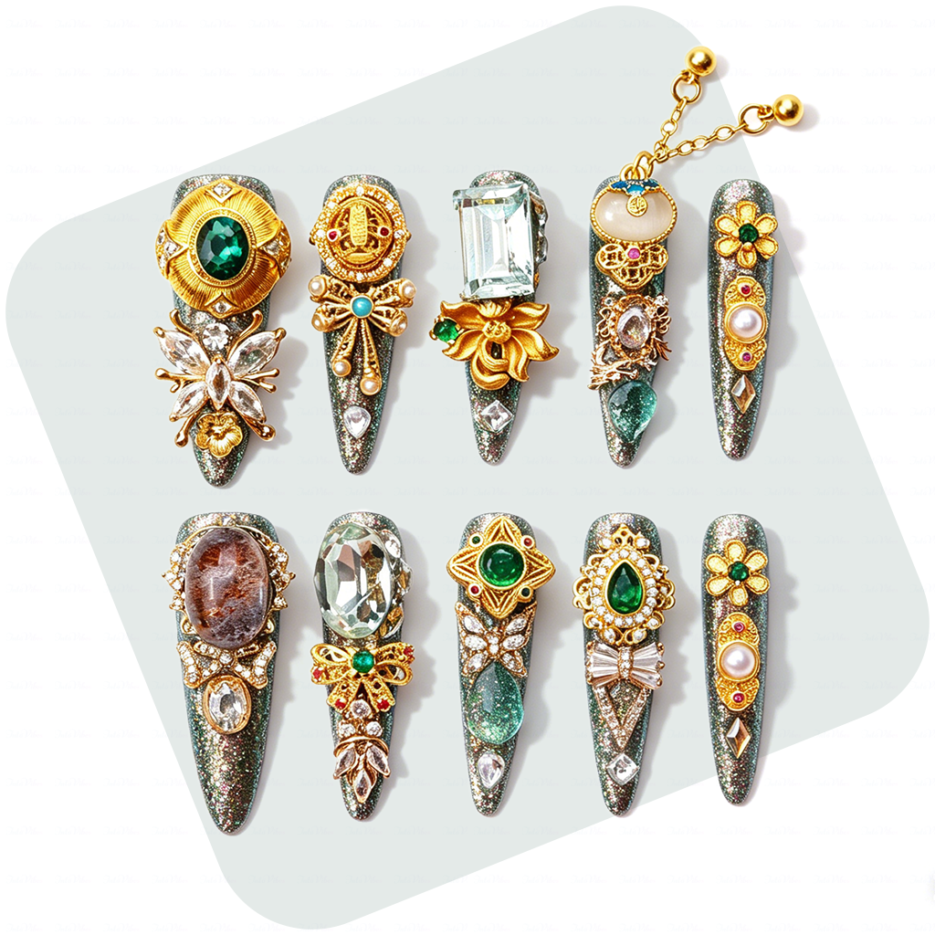 Made-to-Order | Imperial Jade Baroque – Sage Glitter Long Stiletto Press-Ons with Gold Vintage Gem Charms