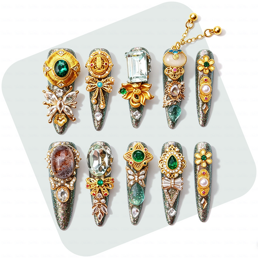 Made-to-Order | Imperial Jade Baroque – Sage Glitter Long Stiletto Press-Ons with Gold Vintage Gem Charms