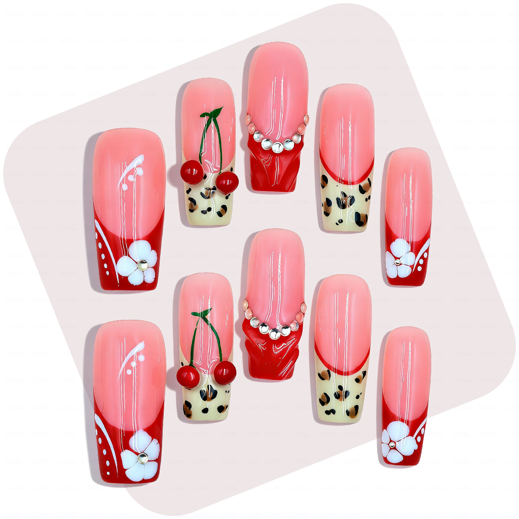 Cherry Leopard-Red & Nude Medium Square Press-Ons with 3D Cherry & Leopard Print Accents
