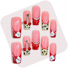 Cherry Leopard-Red & Nude Medium Square Press-Ons with 3D Cherry & Leopard Print Accents