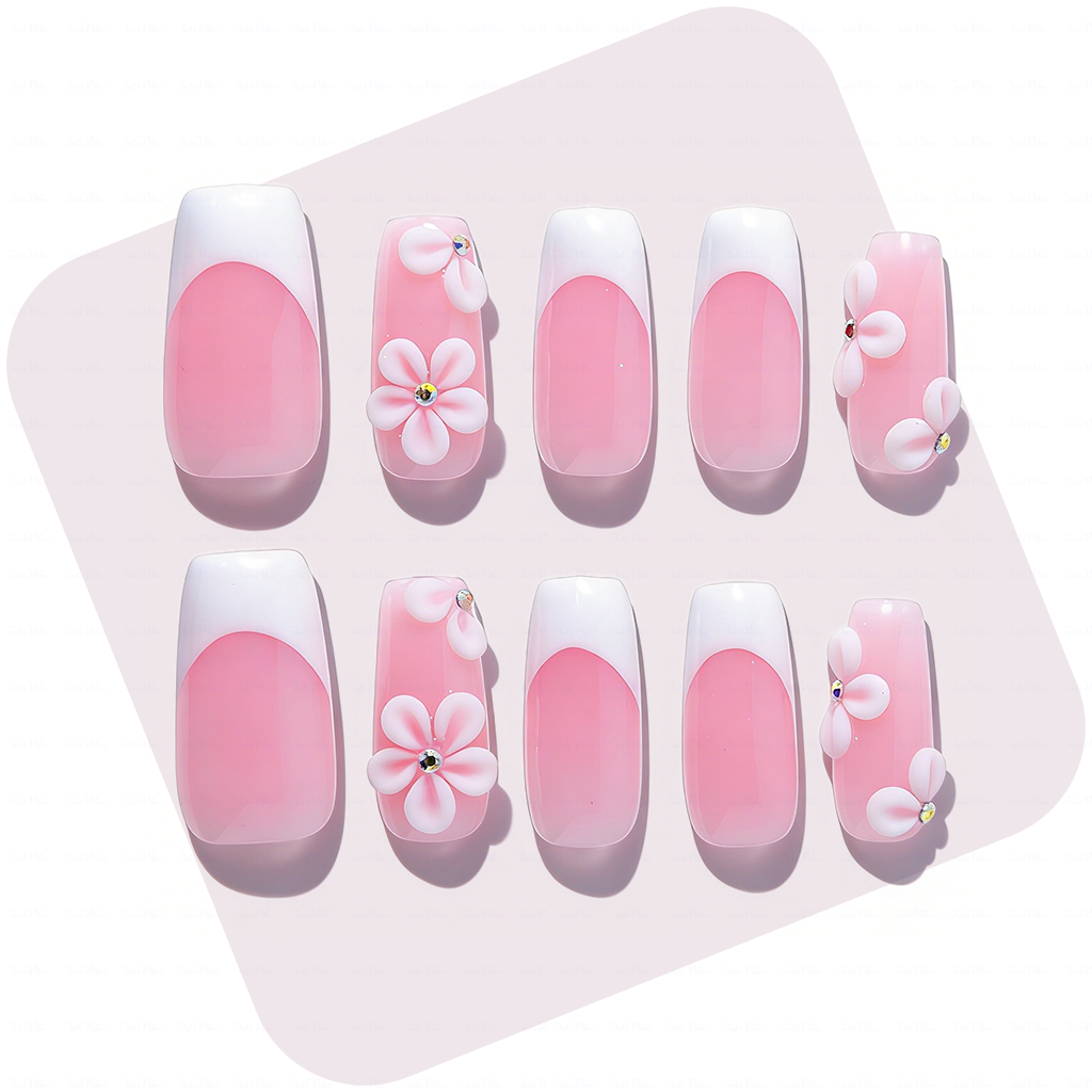 Blush Bloom – Soft Pink Medium Square Press-Ons with French Tips & 3D Floral Accents