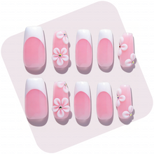 Blush Bloom – Soft Pink Medium Square Press-Ons with French Tips & 3D Floral Accents