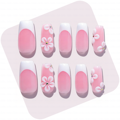 Blush Bloom – Soft Pink Medium Square Press-Ons with French Tips & 3D Floral Accents