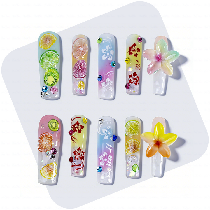 Tropical Fruit-Pastel Multi-Color Long Square Water Press-Ons with Hand-Painted Fruit & 3D Floral Accents