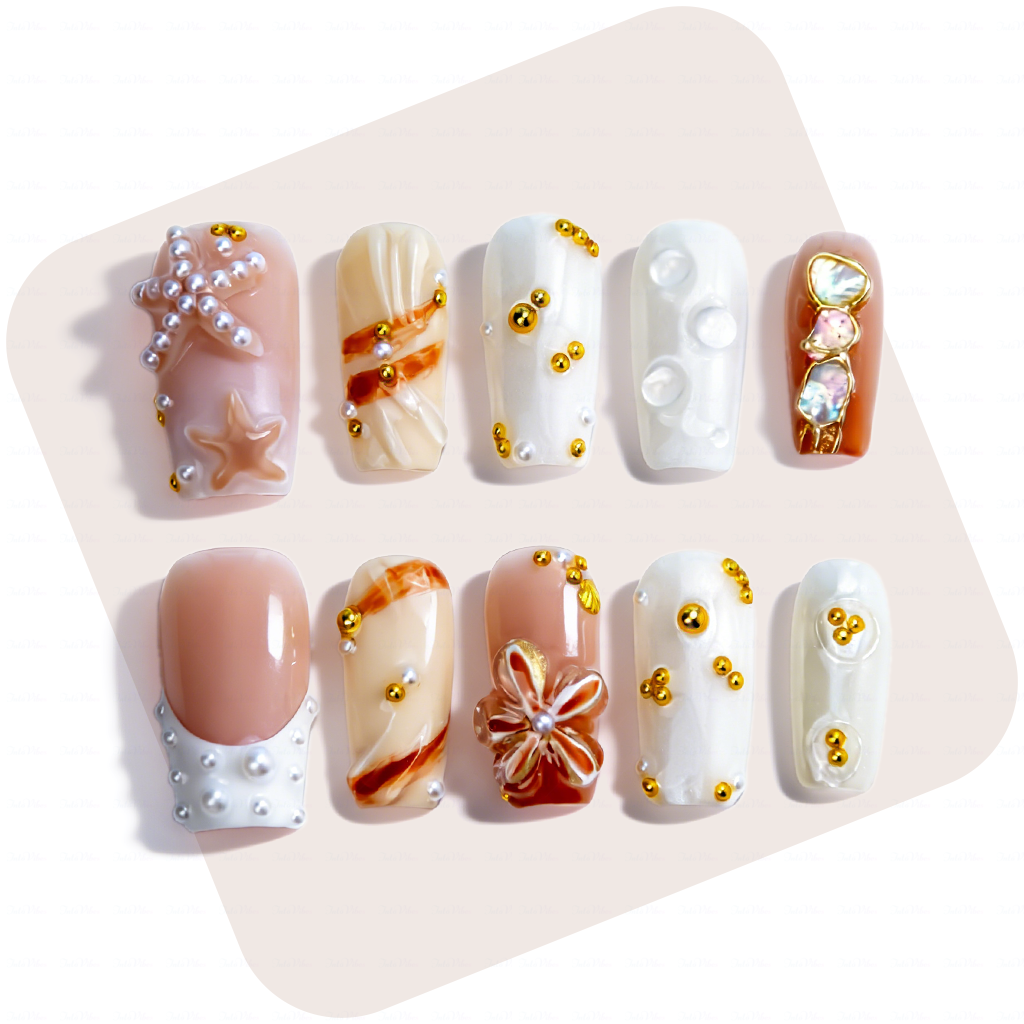 Coastal Pearl – Nude White Short Square Press-Ons with 3D Starfish & Seashell Accents