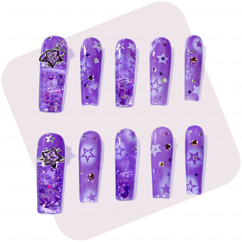 Purple Starry Quicksand  Lavender Long Square Water Press-Ons with 3D Star Charms