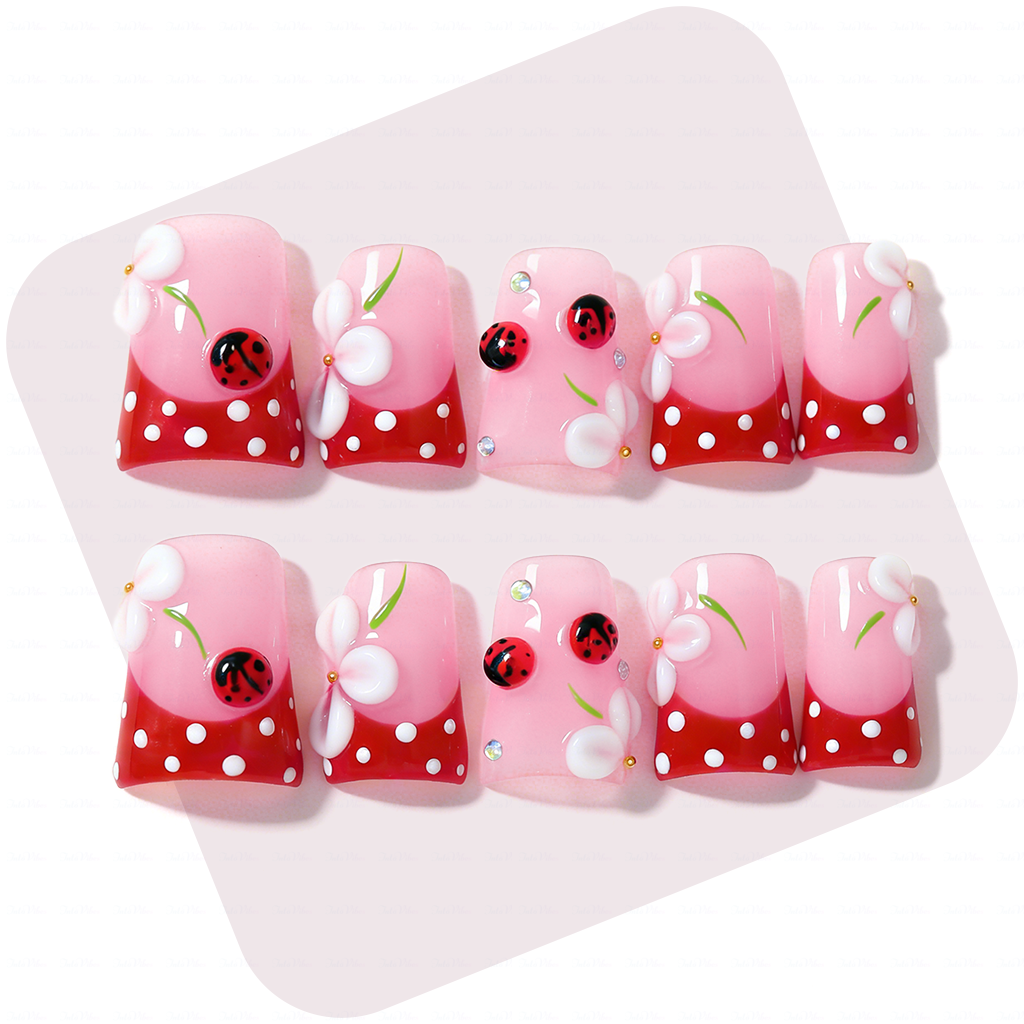 Kawaii Spring Ladybug – Pink & Red Short Duck Press-Ons with 3D Flower Charms