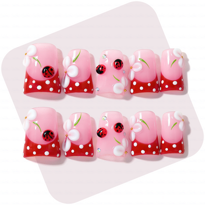 Kawaii Spring Ladybug – Pink & Red Short Duck Press-Ons with 3D Flower Charms