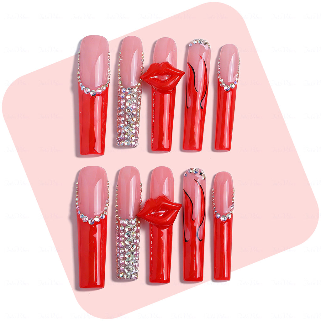 3D Lip French  Red & Nude Long Square Press-Ons with 3D Lip Charms & Rhinestone Details