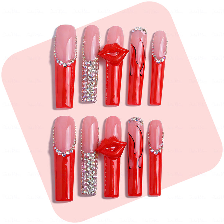 3D Lip French  Red & Nude Long Square Press-Ons with 3D Lip Charms & Rhinestone Details