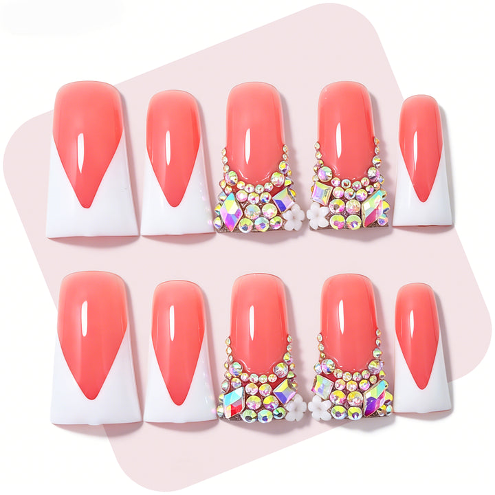 White V French – Nude & White Long Duck Press-Ons with Iridescent Rhinestone Accents