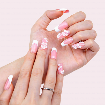 Blush Bloom – Soft Pink Medium Square Press-Ons with French Tips & 3D Floral Accents