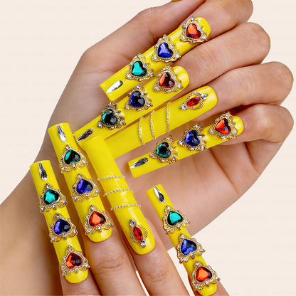 Sunset Heart – Neon Yellow Long Square Press-Ons with Rainbow Crystal Hearts