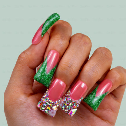 Emerald V French-Nude & Green Long Duck Press-Ons with V-Tip & Iridescent Rhinestone Accents