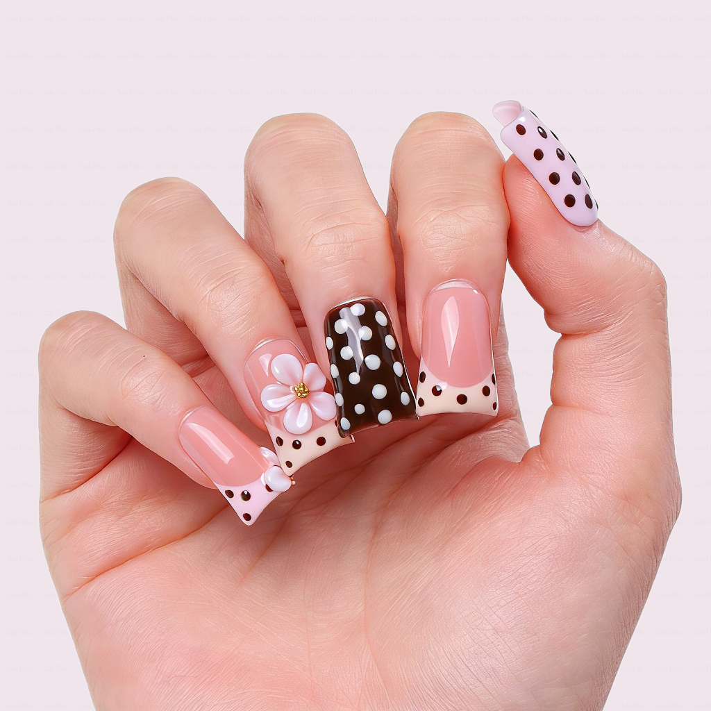 Polka Dot Bloom-Pink & Brown Short Duck Press-Ons with 3D Floral & French Tip Accents