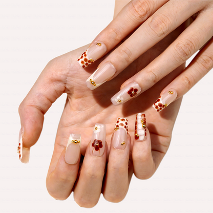 Caramel Spot – Nude Brown Short Square Press-Ons with Leopard Print & Gold Bead Accents