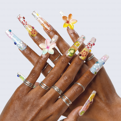 Tropical Fruit-Pastel Multi-Color Long Square Water Press-Ons with Hand-Painted Fruit & 3D Floral Accents