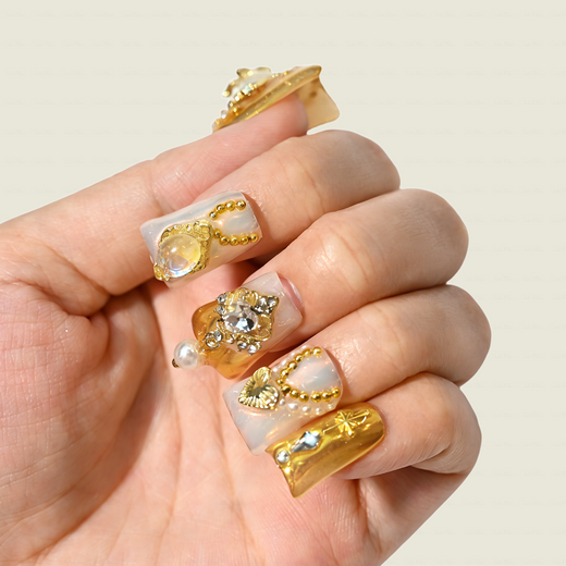 Baroque Angel – Gold & Milky White Short Duck Press-Ons with 3D Angel & Virgin Mary Charms