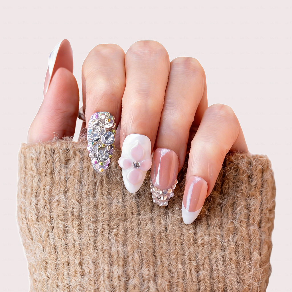 Bridal Blush – Nude Pink Short Almond Press-Ons with French Tips & Full Rhinestone Accents